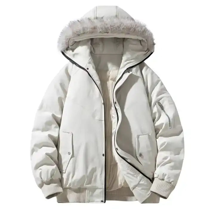  Fur hooded puffer bomber jacket in white with zip pockets, ribbed cuffs, and soft faux fur hood trim for winter.