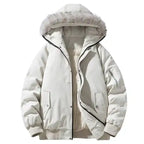  Fur hooded puffer bomber jacket in white with zip pockets, ribbed cuffs, and soft faux fur hood trim for winter.