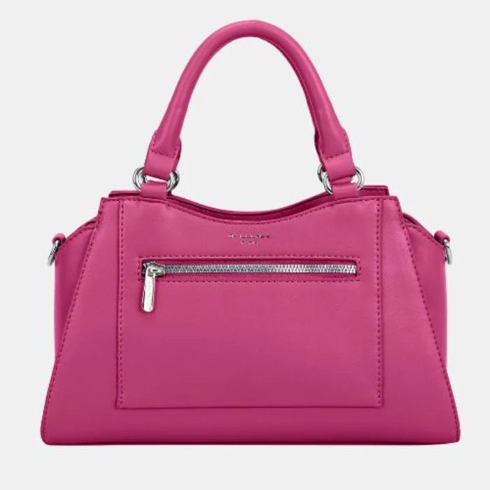 Bright fuschia leather handbag with structured design and silver hardware