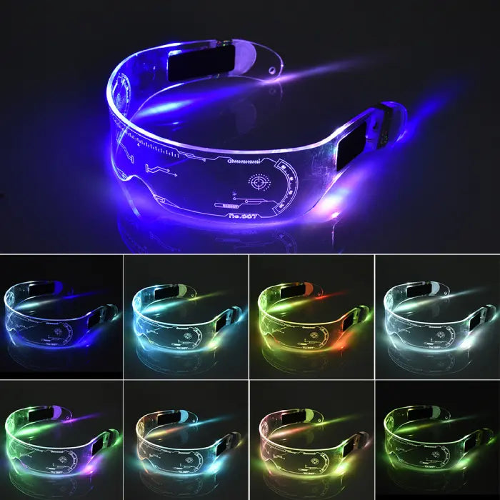 Transparent LED glasses with futuristic holographic design and glowing multi-color lights.