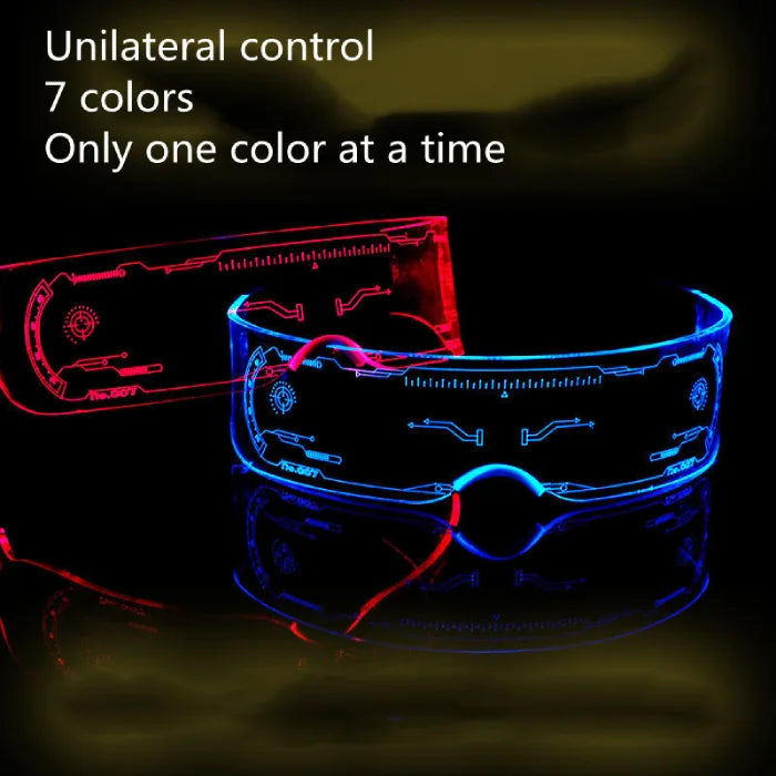 Futuristic LED glasses with blue and red lighting, featuring unilateral color control.