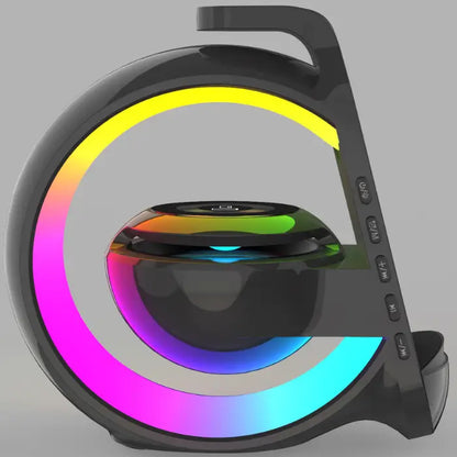 Sleek circular speaker with vibrant RGB lighting, floating sphere design, and control buttons on curved stand