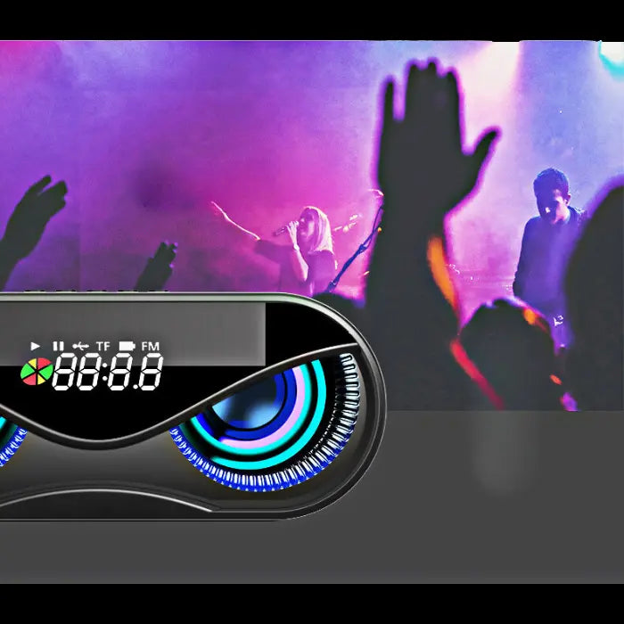 Futuristic speaker with glowing blue lights against a blurry concert scene with raised hands and purple smoke