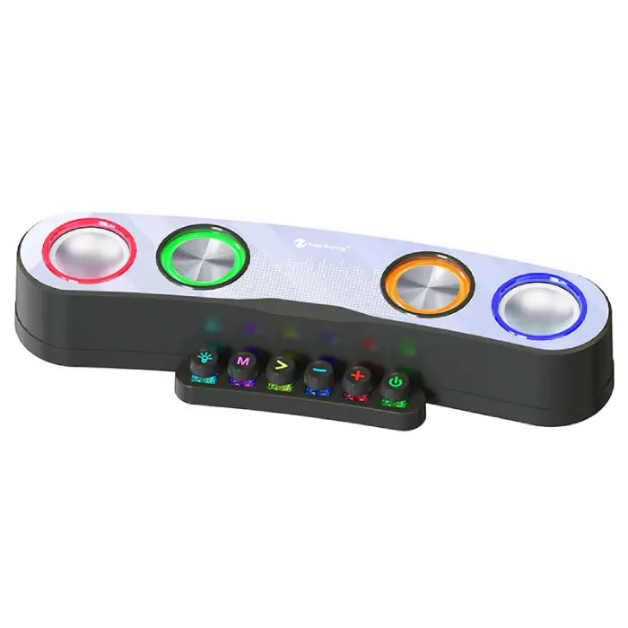 Gaming soundbar with four illuminated circular controls and a row of colorful function buttons below