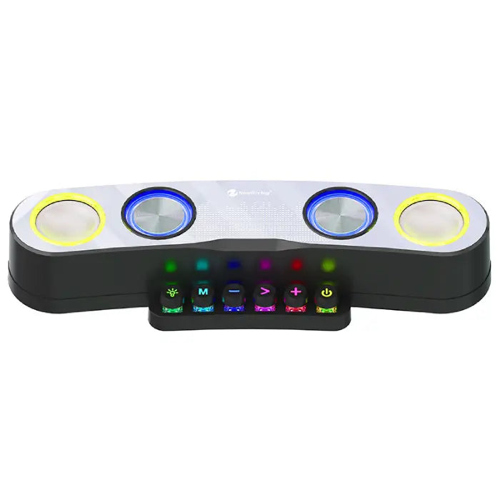 Gaming soundbar with illuminated circular controls and colorful button panel displaying various function icons