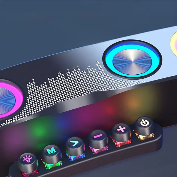 Close-up of gaming soundbar with illuminated buttons and equalizer display, highlighting mechanical button features