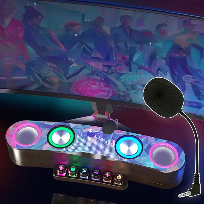 Gaming soundbar with colorful illuminated controls shown with external microphone compatibility for enhanced gaming experience