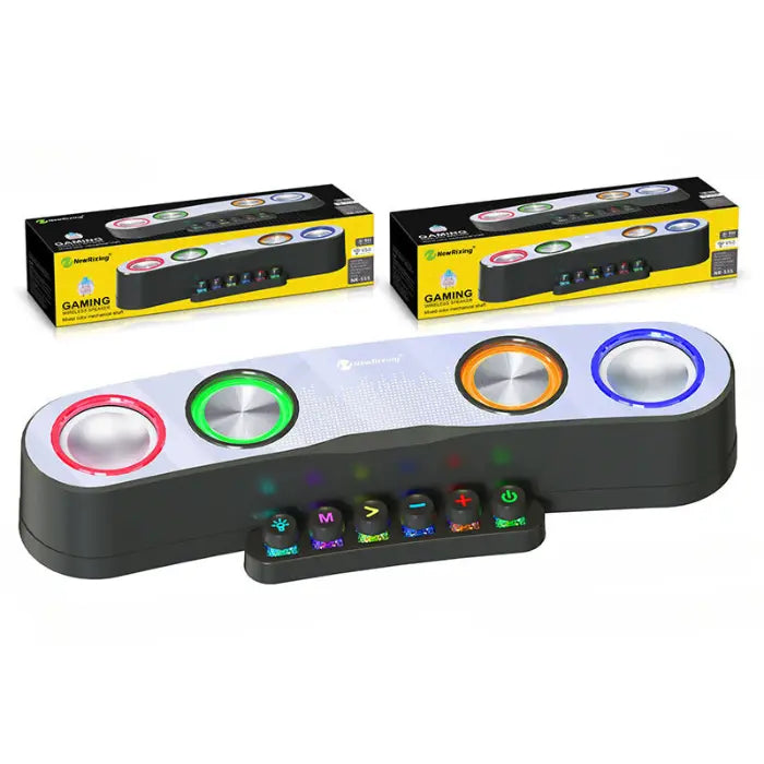 Gaming soundbar with colorful illuminated buttons displayed alongside its retail packaging boxes