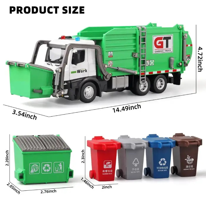 Dimensions of green garbage truck toy with mini bins for waste sorting and fun interactive play.