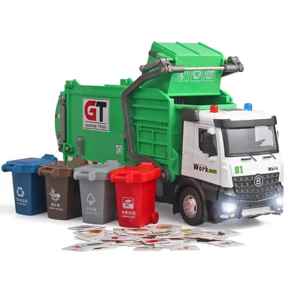 Green garbage truck toy with multiple colorful recycle bins for learning waste management.