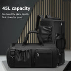 Garment Duffel Bag shown in large 45L capacity design suitable for carry-on travel, with multiple pockets for organized packing on trips