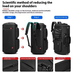 Garment Duffel Bag step-by-step strap setup showing hidden buckles, padded straps, and backpack conversion for reduced shoulder load