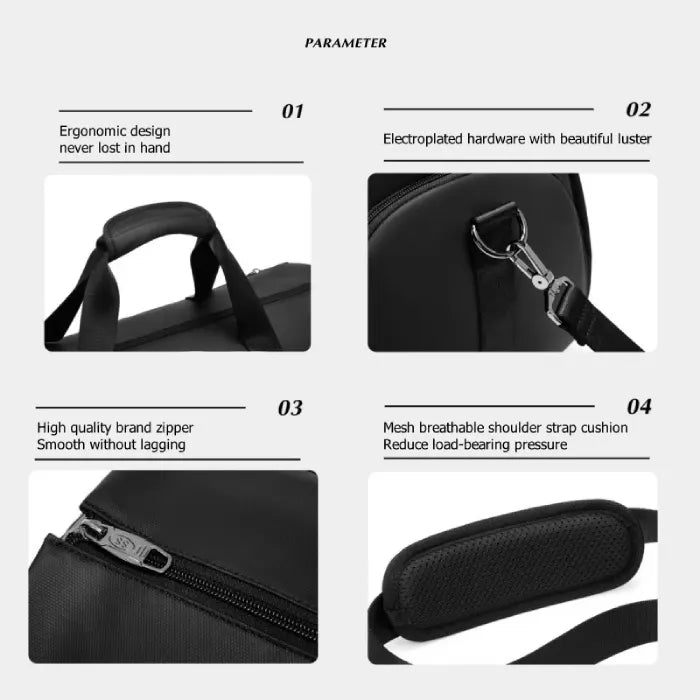 Garment Duffel Bag feature details showing ergonomic handles, metal hooks, smooth zipper, and padded breathable cushion for comfortable use