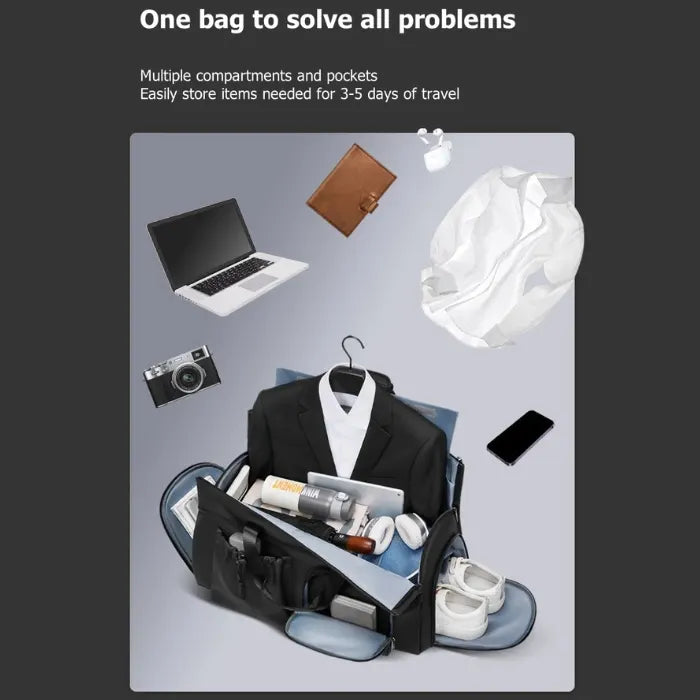 Garment Duffel Bag shown storing suit, laptop, shoes, and travel items, demonstrating multi-compartment capacity for 3–5 days of travel
