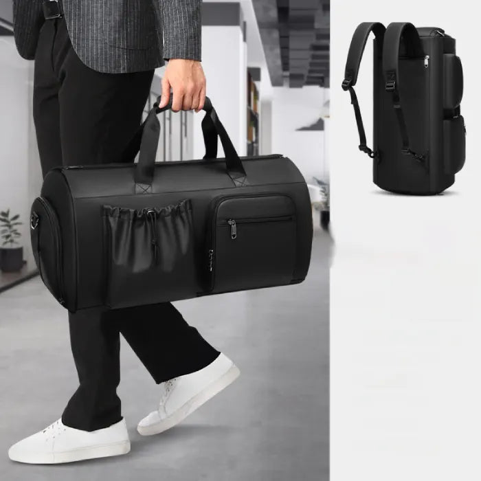Garment Duffel Bag carried by hand with alternate backpack view shown, highlighting convertible multifunction travel and business convenience