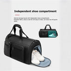 Garment Duffel Bag with large shoe storage compartment holding size 48 sneakers, offering clean separation and easy-access travel packing