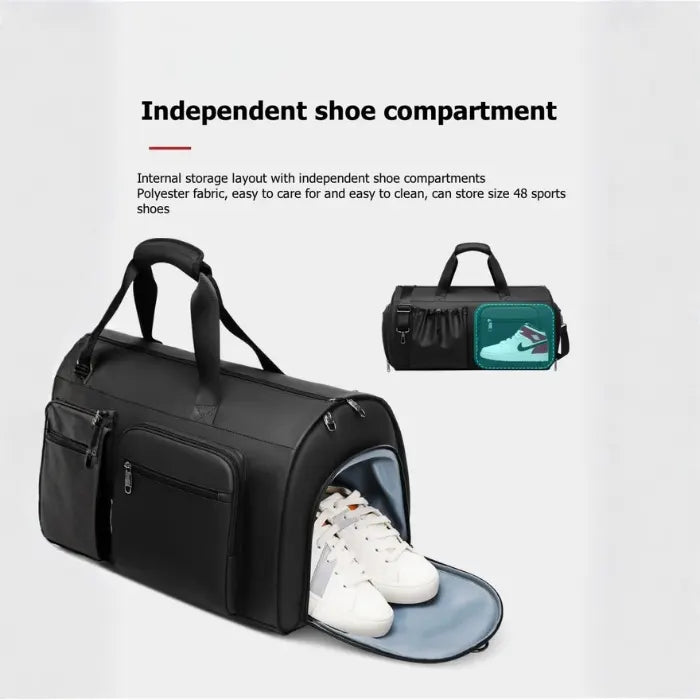 Garment Duffel Bag with large shoe storage compartment holding size 48 sneakers, offering clean separation and easy-access travel packing