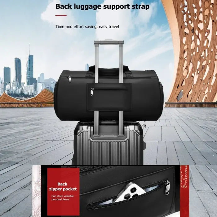 Garment Duffel Bag attached to suitcase handle with back support strap and zipper pocket for secure, convenient travel organization and storage