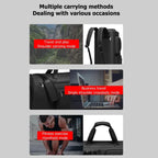 Garment Duffel Bag shown in shoulder, crossbody, and handheld modes for travel, business, and fitness, offering versatile carrying flexibility