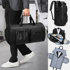 Garment Duffel Bag carried by hand with interior suit compartment and organizer pockets shown, offering versatile travel and business storage