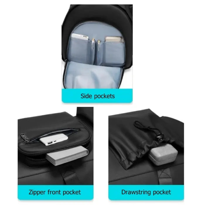 Garment Duffel Bag pocket layout showing side organizer slots, front zipper pouch, and drawstring pocket for quick access to essentials