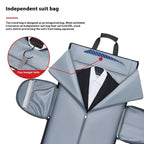 Garment Duffel Bag shown unfolded with suit compartment and hanger slot, protecting clothing with organized travel storage and wrinkle control