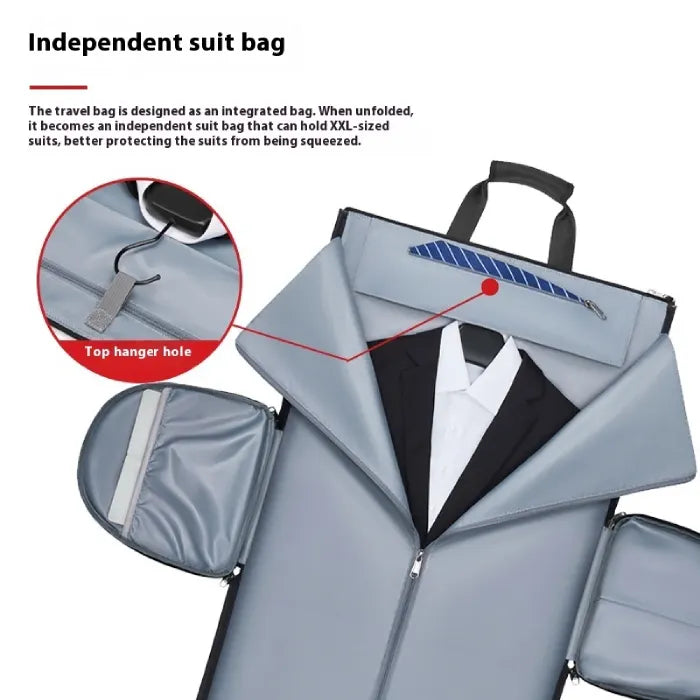 Garment Duffel Bag shown unfolded with suit compartment and hanger slot, protecting clothing with organized travel storage and wrinkle control