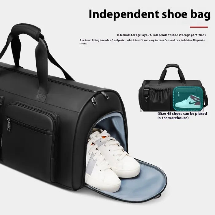 Garment Duffel Bag with independent shoe compartment displayed holding sneakers, providing clean storage separation for organized travel packing