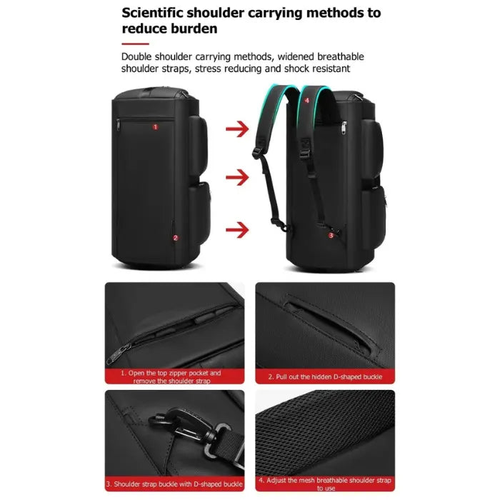 Garment Duffel Bag showing detachable shoulder straps and adjustable padded design for stress-reducing comfort and versatile carrying options