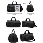 Garment Duffel Bag shown with size dimensions and multiple angles, highlighting compact 50×30×28 cm design ideal for organized travel packing