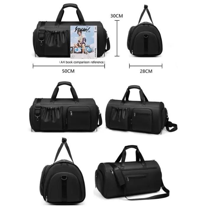 Garment Duffel Bag shown with size dimensions and multiple angles, highlighting compact 50×30×28 cm design ideal for organized travel packing