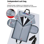 Garment Duffel Bag unfolded as an independent suit carrier displaying compartments for ties and accessories for wrinkle-free business travel