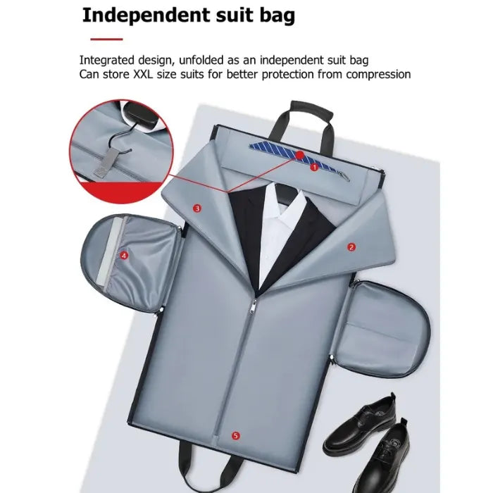 Garment Duffel Bag unfolded as an independent suit carrier displaying compartments for ties and accessories for wrinkle-free business travel