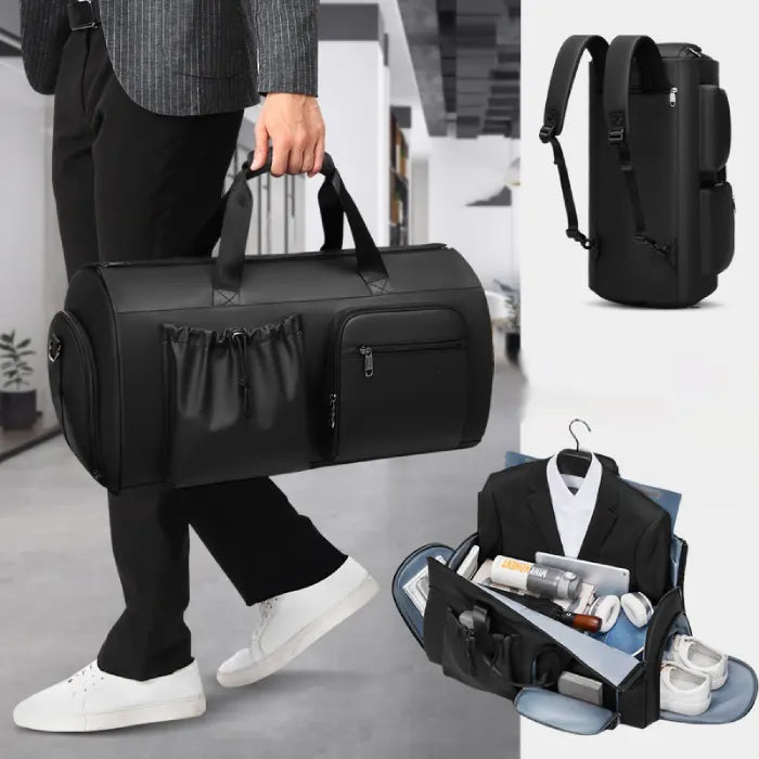 Garment Duffel Bag carried by hand with backpack mode shown and interior layout holding suit and shoes for versatile business travel storage