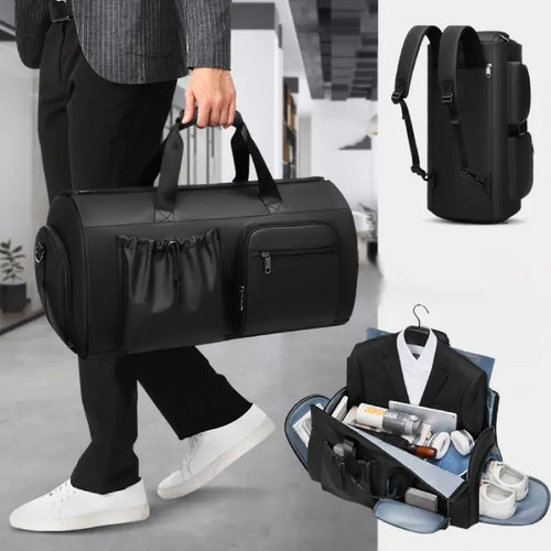 Garment Duffel Bag carried by hand with backpack mode shown and interior layout holding suit and shoes for versatile business travel storage