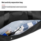 Garment Duffel Bag wet and dry separation pocket holding toiletries and towels, featuring moisture-resistant lining for hygienic travel storage