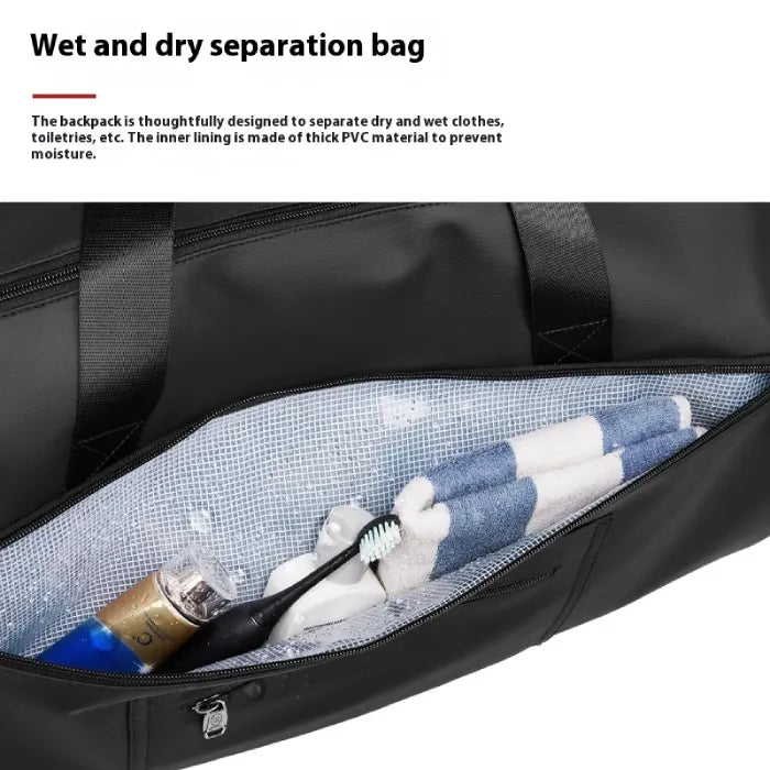 Garment Duffel Bag wet and dry separation pocket holding toiletries and towels, featuring moisture-resistant lining for hygienic travel storage
