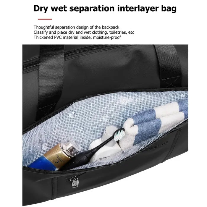 Garment Duffel Bag wet and dry interlayer with moisture-proof lining shown storing toiletries and towels for clean, organized travel packing