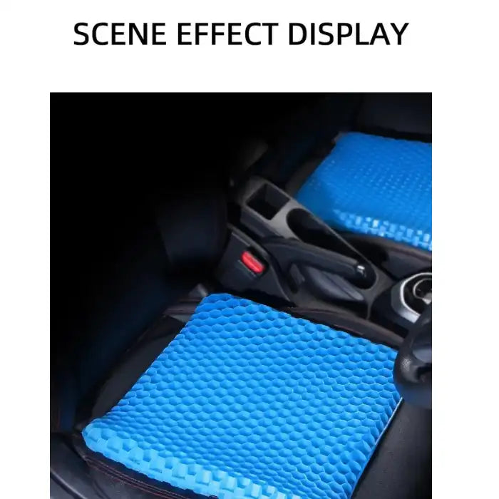 Gel seat cushion placed on car seats, showing comfort and breathability for long driving sessions.