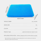 Gel seat cushion dimensions 40x35x2.5cm with blue honeycomb design and soft gel material details.
