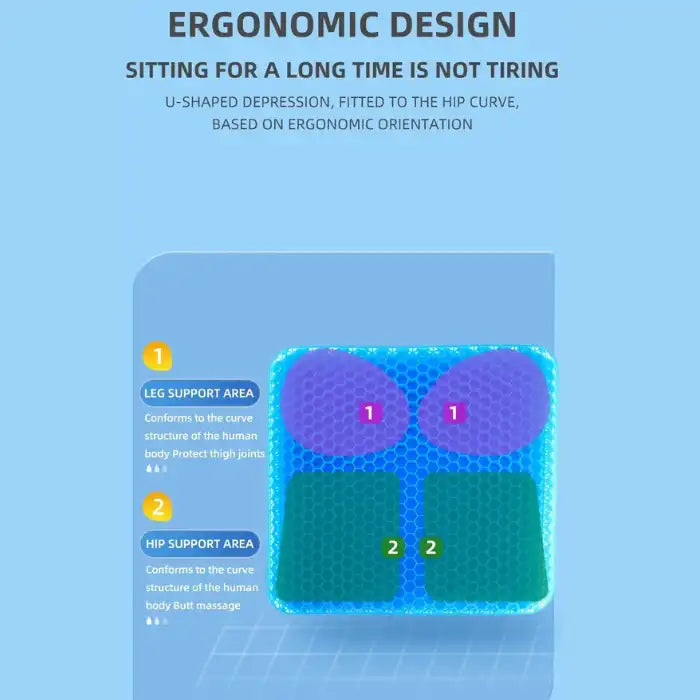  Gel seat cushion showing ergonomic zones for leg and hip support with color-coded pressure areas.