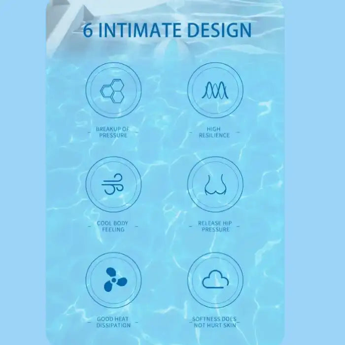 Gel seat cushion features shown with icons including cooling, softness, pressure breakup, and resilience