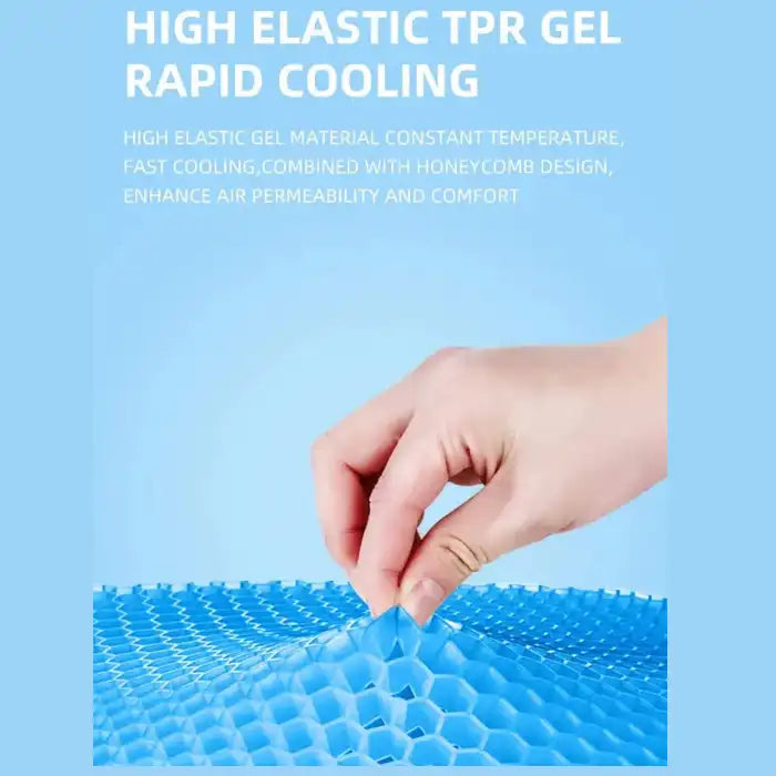 Gel seat cushion with high elastic honeycomb TPR gel showing rapid cooling and air permeability benefits.