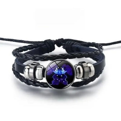 Gemini zodiac leather bracelet with glowing twin design, a unique astrology-themed fashion accessory.