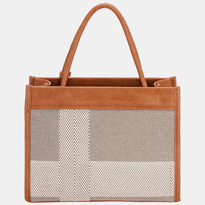 Designer tote bag back view showcasing chevron pattern canvas and cognac leather trim detail for sophisticated style