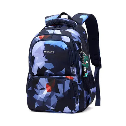 Blue and white geometric patterned backpack with multiple compartments and dimension specifications