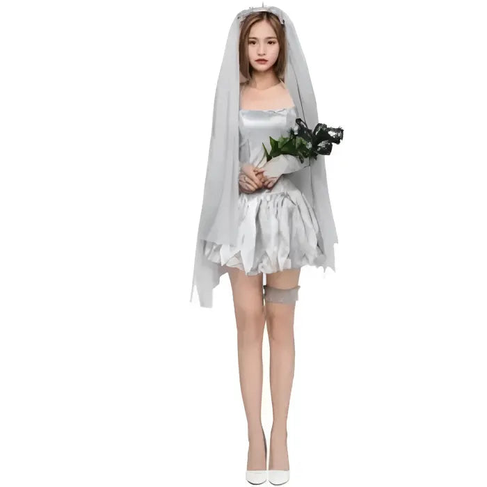 Ghost bride Halloween costume with short white dress, veil, and bouquet.