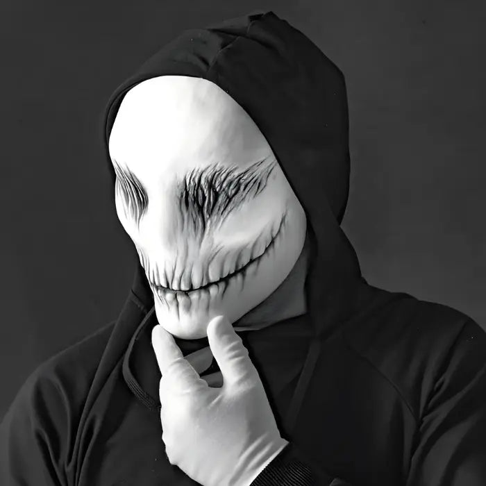Ghost latex mask worn with hooded costume and gloves, featuring sinister black stitched design.