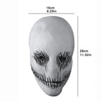 Ghost latex mask with black horror features shown with size chart measuring 28cm by 16cm.