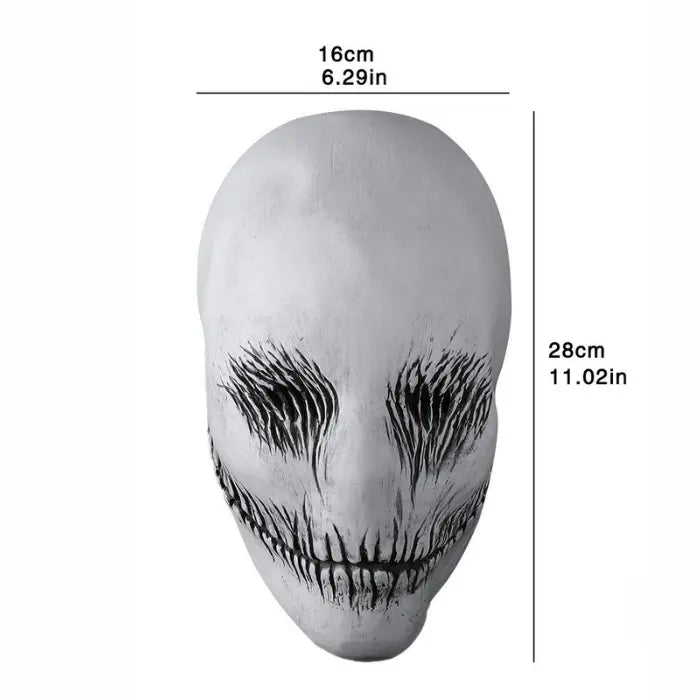 Ghost latex mask with black horror features shown with size chart measuring 28cm by 16cm.